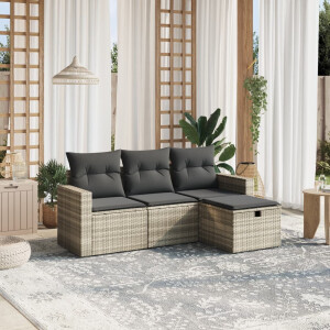 vidaXL 4-delige Loungeset met kussens poly rattan lichtgrijs
