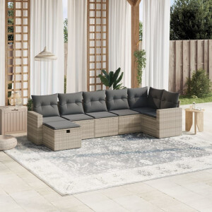 vidaXL 7-delige Loungeset met kussens poly rattan lichtgrijs