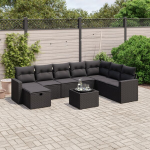 vidaXL 9-delige Loungeset met kussens poly rattan zwart
