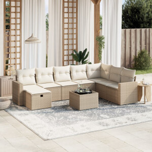 vidaXL 9-delige Loungeset met kussens poly rattan beige