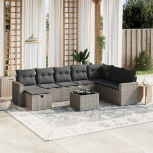 vidaXL 9-delige Loungeset met kussens poly rattan grijs