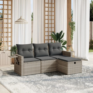 vidaXL 4-delige Loungeset met kussens poly rattan lichtgrijs