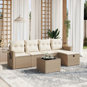 vidaXL 6-delige Loungeset met kussens poly rattan beige