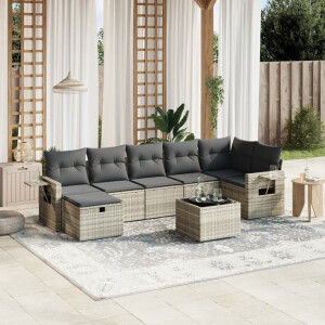 vidaXL 8-delige Loungeset met kussens poly rattan lichtgrijs