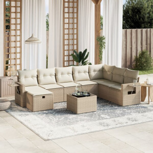 vidaXL 9-delige Loungeset met kussens poly rattan beige