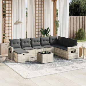 vidaXL 9-delige Loungeset met kussens poly rattan lichtgrijs