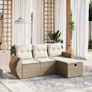vidaXL 4-delige Loungeset met kussens poly rattan beige