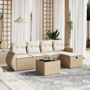 vidaXL 6-delige Loungeset met kussens poly rattan beige