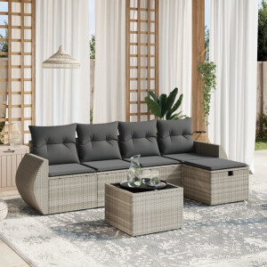 vidaXL 6-delige Loungeset met kussens poly rattan lichtgrijs