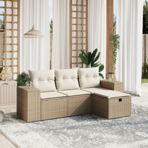 vidaXL 4-delige Loungeset met kussens poly rattan beige