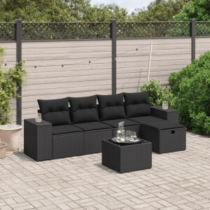 vidaXL 6-delige Loungeset met kussens poly rattan zwart