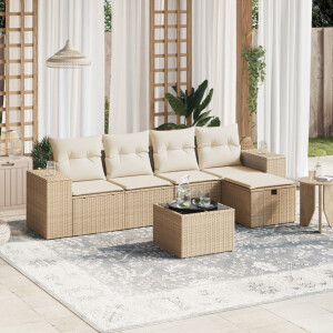 vidaXL 6-delige Loungeset met kussens poly rattan beige