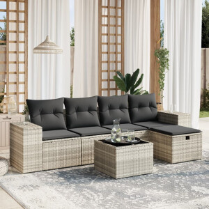 vidaXL 6-delige Loungeset met kussens poly rattan lichtgrijs