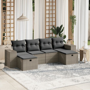vidaXL 6-delige Loungeset met kussens poly rattan lichtgrijs