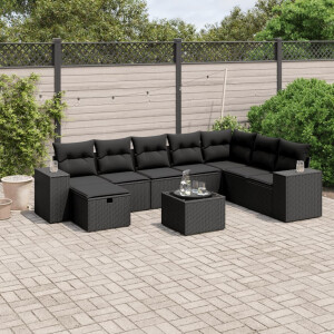 vidaXL 9-delige Loungeset met kussens poly rattan zwart
