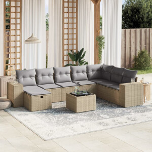 vidaXL 9-delige Loungeset met kussens poly rattan gemengd beige