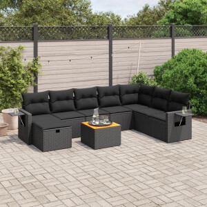 vidaXL 9-delige Loungeset met kussens poly rattan zwart