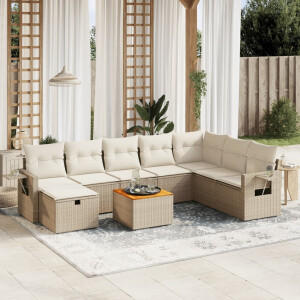vidaXL 9-delige Loungeset met kussens poly rattan beige