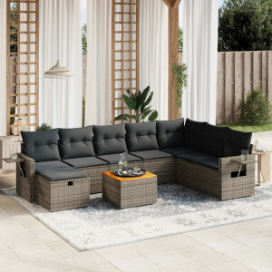 vidaXL 9-delige Loungeset met kussens poly rattan grijs