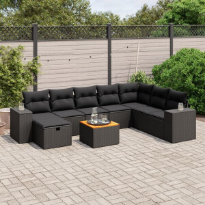 vidaXL 9-delige Loungeset met kussens poly rattan zwart