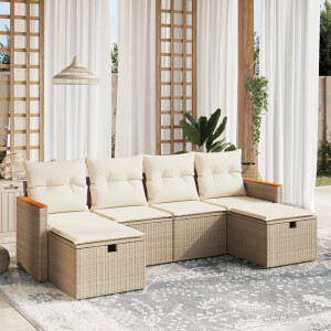 vidaXL 6-delige Loungeset met kussens poly rattan beige