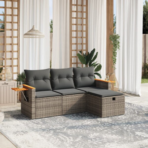 vidaXL 4-delige Loungeset met kussens poly rattan grijs
