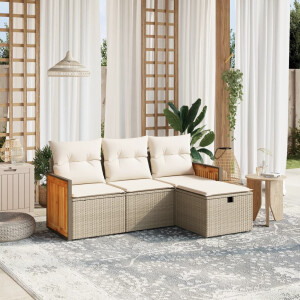 vidaXL 4-delige Loungeset met kussens poly rattan beige