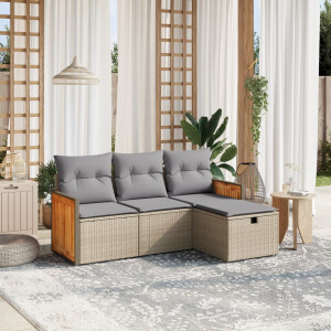 vidaXL 4-delige Loungeset met kussens poly rattan gemengd beige