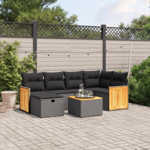 vidaXL 7-delige Loungeset met kussens poly rattan zwart