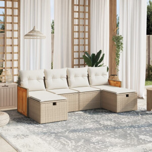 vidaXL 6-delige Loungeset met kussens poly rattan beige