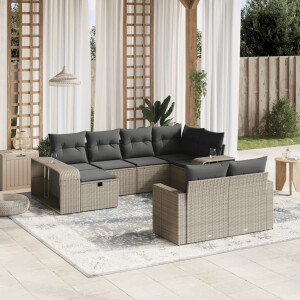 vidaXL 10-delige Loungeset met kussens poly rattan lichtgrijs