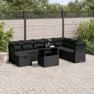 vidaXL 9-delige Loungeset met kussens poly rattan zwart