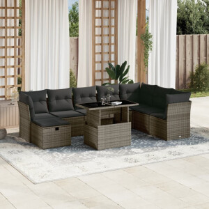 vidaXL 9-delige Loungeset met kussens poly rattan grijs