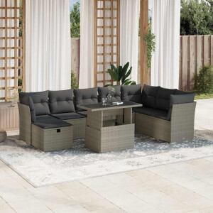 vidaXL 9-delige Loungeset met kussens poly rattan lichtgrijs
