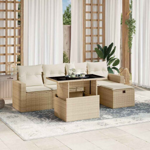 vidaXL 6-delige Loungeset met kussens poly rattan beige