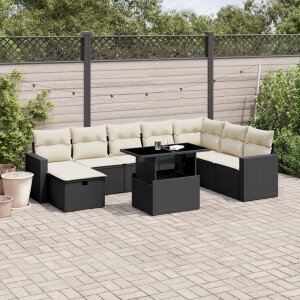 vidaXL 9-delige Loungeset met kussens poly rattan zwart