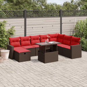 vidaXL 9-delige tuinbankset met kussens, bruin polyrotan