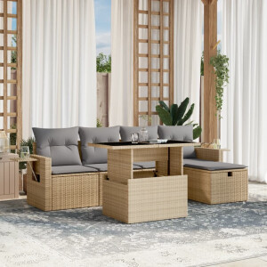 vidaXL 6-delige Loungeset met kussens poly rattan beige