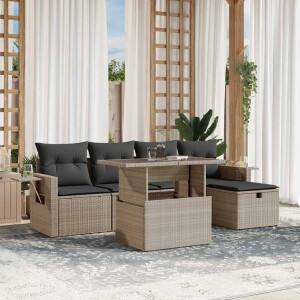 vidaXL 6-delige Loungeset met kussens poly rattan lichtgrijs