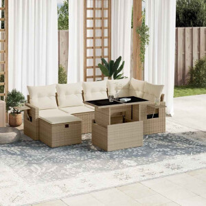 vidaXL 7-delige Loungeset met kussens poly rattan beige