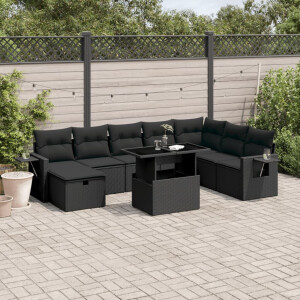 vidaXL 9-delige Loungeset met kussens poly rattan zwart