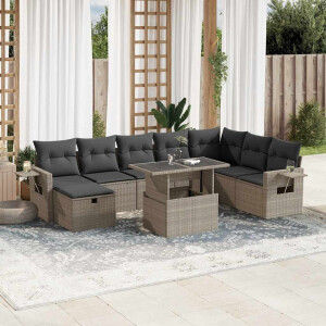 vidaXL 9-delige Loungeset met kussens poly rattan lichtgrijs