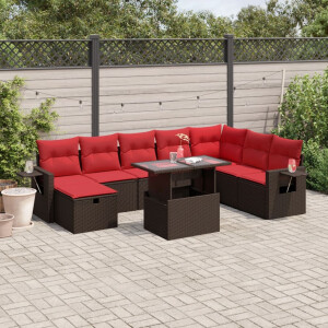 vidaXL 9-delige tuinbankset met kussens, bruin polyrotan