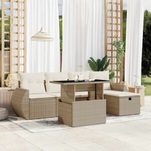 vidaXL 6-delige Loungeset met kussens poly rattan beige