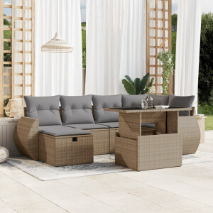 vidaXL 7-delige Loungeset met kussens poly rattan beige
