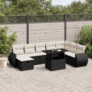 vidaXL 9-delige Loungeset met kussens poly rattan zwart