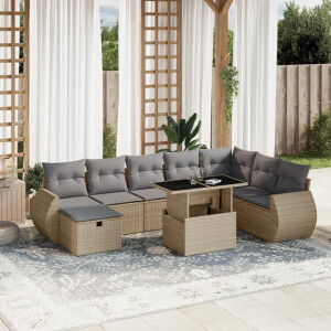 vidaXL 9-delige Loungeset met kussens poly rattan beige