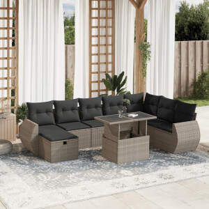 vidaXL 9-delige Loungeset met kussens poly rattan lichtgrijs