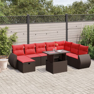 vidaXL 9-delige tuinbankset met kussens, bruin polyrotan