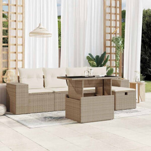 vidaXL 6-delige Loungeset met kussens poly rattan beige